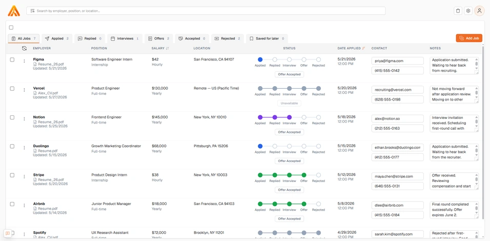 Apturra application tracker showing saved jobs, statuses, and progress