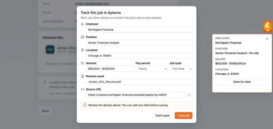 Apturra track-this-job modal with job details ready to save to your dashboard